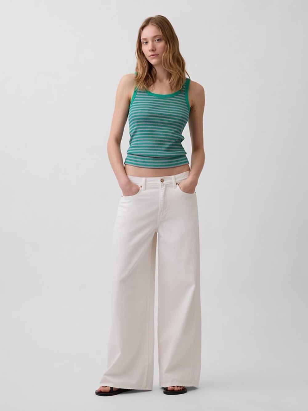 NWT Gap Rib Scoop Tank Top Green Stripe Size Medium Tall - Picture 2 of 10